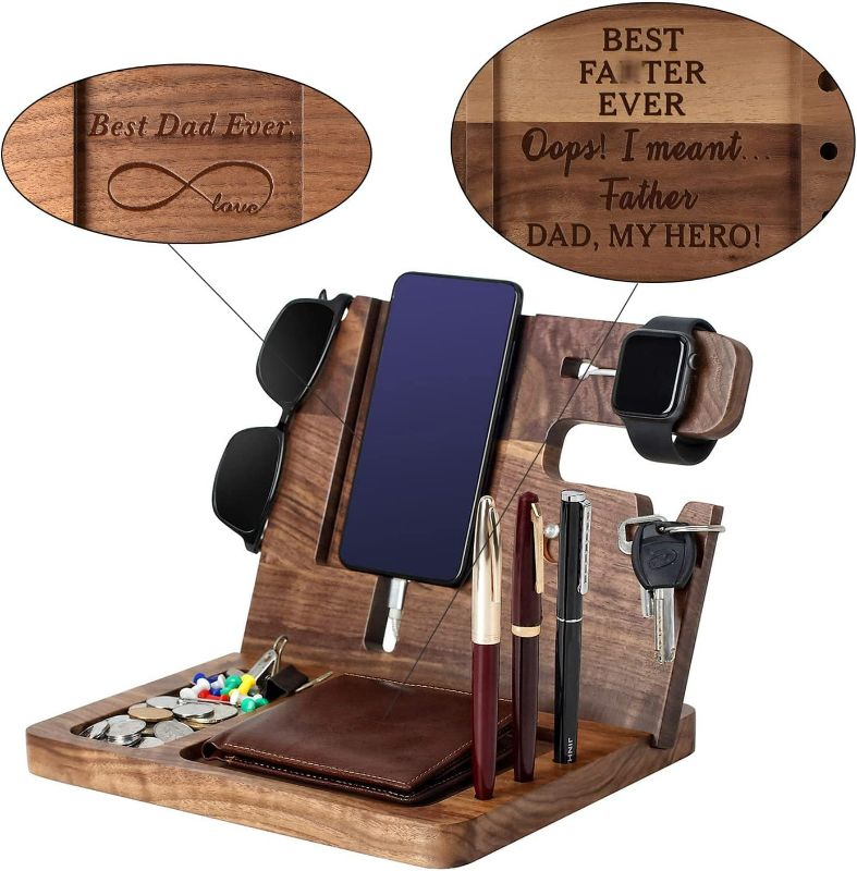 Photo 1 of Ideas for Dad -Wooden Phone Docking Station, Personalized Idea, Custom Engraved Nightstand Organizer with Phone Charge Station, Watch, Key, Wallet Stand, Best Presents for Father's Day, Birthday