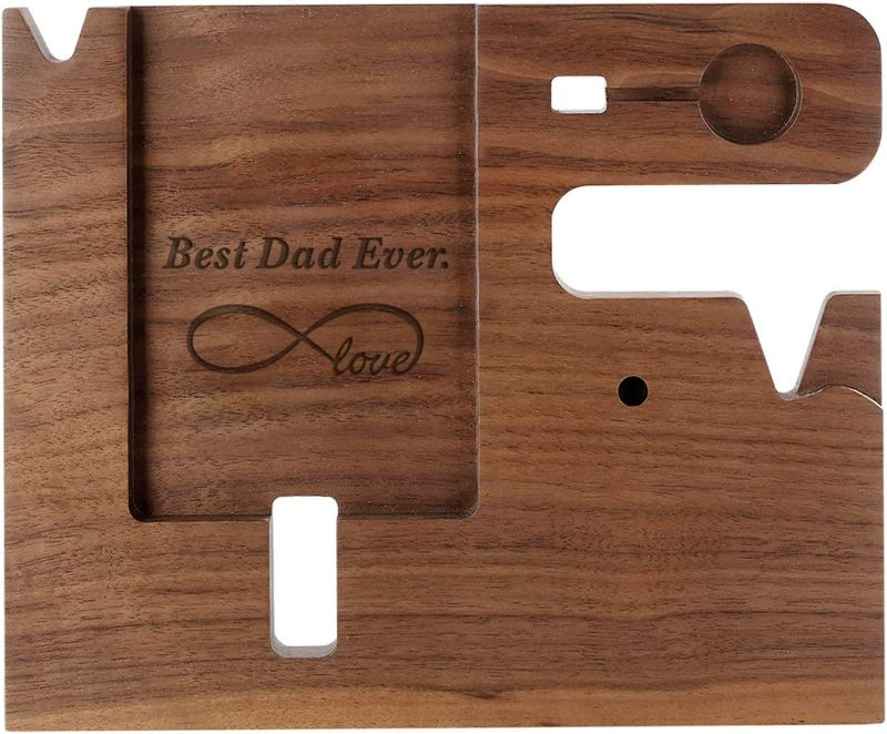 Photo 3 of Ideas for Dad -Wooden Phone Docking Station, Personalized Idea, Custom Engraved Nightstand Organizer with Phone Charge Station, Watch, Key, Wallet Stand, Best Presents for Father's Day, Birthday