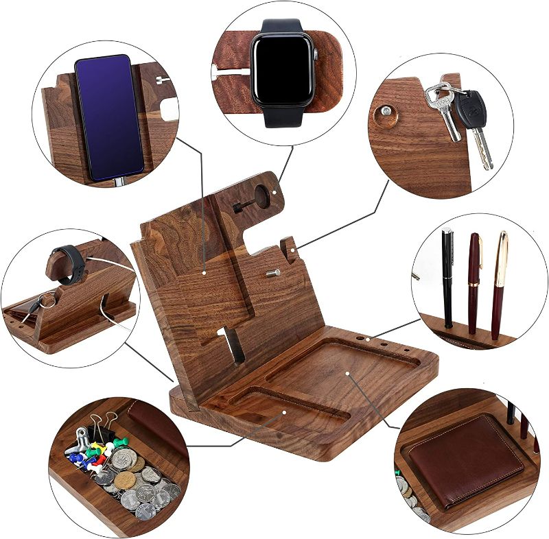 Photo 2 of Ideas for Dad -Wooden Phone Docking Station, Personalized Idea, Custom Engraved Nightstand Organizer with Phone Charge Station, Watch, Key, Wallet Stand, Best Presents for Father's Day, Birthday