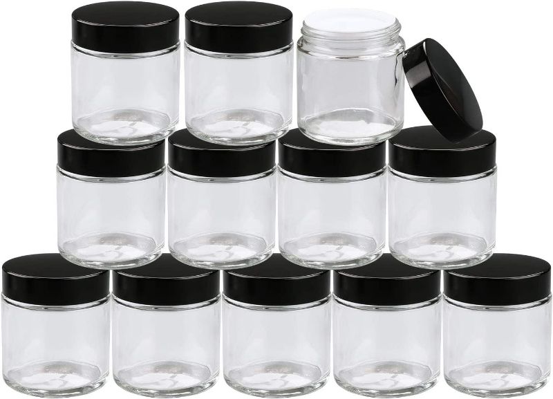 Photo 1 of Encheng 12Pack of 4 oz Clear Round Glass Jars, with Inner Liners and black Lids,Empty Cosmetic Containers,Cream jars 