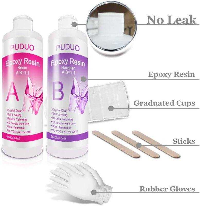 Photo 3 of Epoxy Resin Crystal Clear Kit for Art, Jewelry, Crafts, Coating- 16 OZ Including 8OZ Resin and 8OZ Hardener | Bonus 4 pcs Measuring Cups, 3pcs Sticks, 1 Pair Rubber Gloves by PUDUO