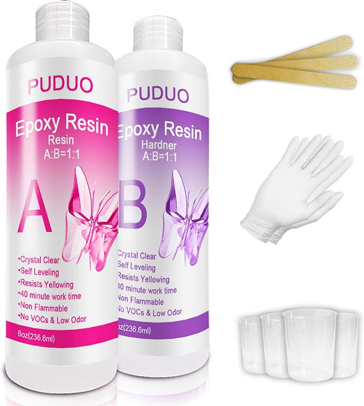 Photo 1 of Epoxy Resin Crystal Clear Kit for Art, Jewelry, Crafts, Coating- 16 OZ Including 8OZ Resin and 8OZ Hardener | Bonus 4 pcs Measuring Cups, 3pcs Sticks, 1 Pair Rubber Gloves by PUDUO