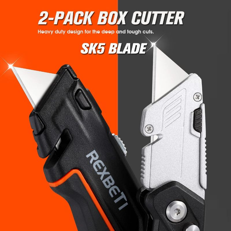 Photo 2 of REXBETI 2-Pack Utility Knife, SK5 Heavy Duty Retractable Box Cutter for Cartons, Cardboard and Boxes, Blade Storage Design, Extra 10 Blades Included