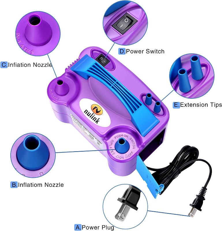 Photo 2 of NuLink Electric Portable Dual Nozzle Balloon Blower Pump Inflation for Decoration, Party [110V~120V, 600W, Purple]