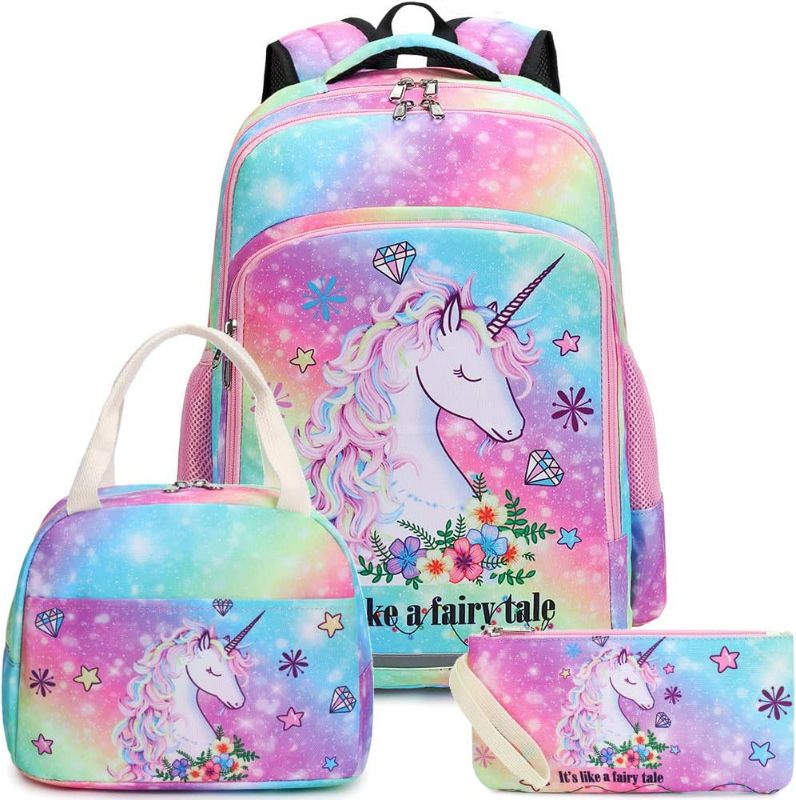 Photo 1 of Girls Backpack Kids Elementary Bookbag Girly School Bag with Insulated Lunch Tote and Pencil Pouch (Tie dye galaxy - 3 pieces)