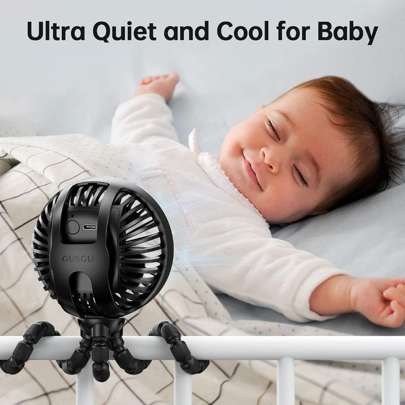 Photo 2 of GUSGU Portable Fan Battery Operated, Small Stroller Fan with Flexible Tripod Clip-on for Baby, USB Rechargeable and Handheld Cooling Fan for Travel, Car Seat, Camping, and Bedroom