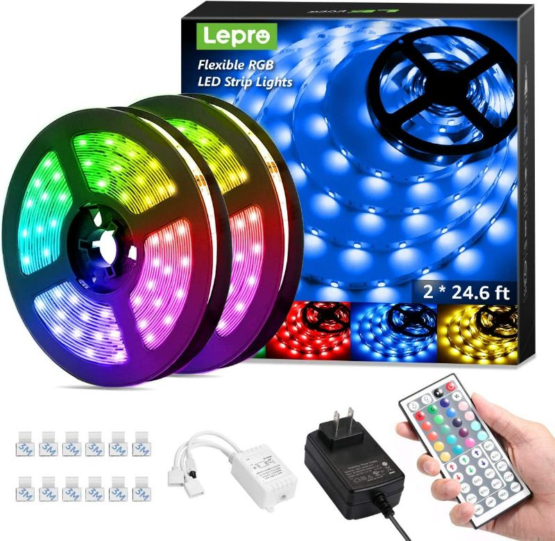 Photo 1 of Lepro LED Strip Light,  LED Strips with Remote Controller and Fixing Clips, Color Changing Tape Light with 12V ETL Listed Adapter for Bedroom, Room, Kitchen, Bar(2 X 7.5M)