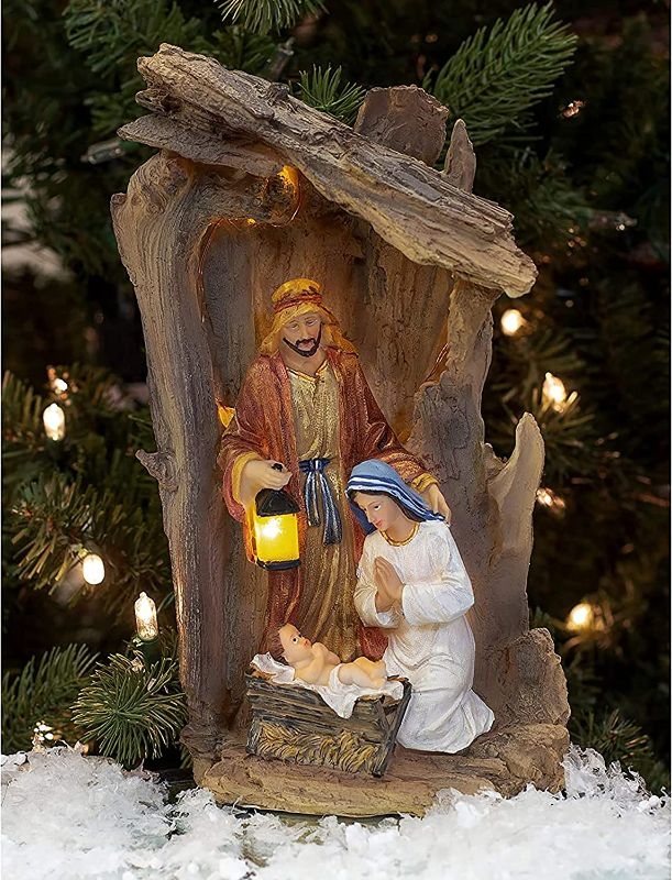 Photo 1 of THREE KINGS GIFTS THE ORIGINAL GIFTS OF CHRISTMAS Driftwood Creche Holy Family LED Light-up 14 x 8.5 Polystone Nativity Table Top Figurine