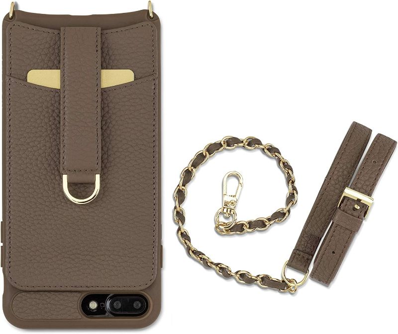 Photo 2 of Vaultskin Victoria Crossbody iPhone Leather Wallet Case, Fashionable Bumper for Cards and Cash - Holds up to 8 Cards (iPhone 7 Plus / 8 Plus, Brown, Chain & Leather Strap)
