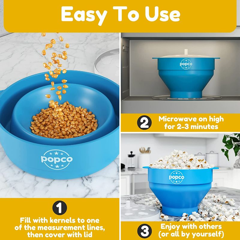 Photo 3 of The Original Popco Silicone Microwave Popcorn Popper with Handles | Popcorn Maker | Collapsible Popcorn Bowl | BPA Free and Dishwasher Safe | 15 Colors Available (Blue)