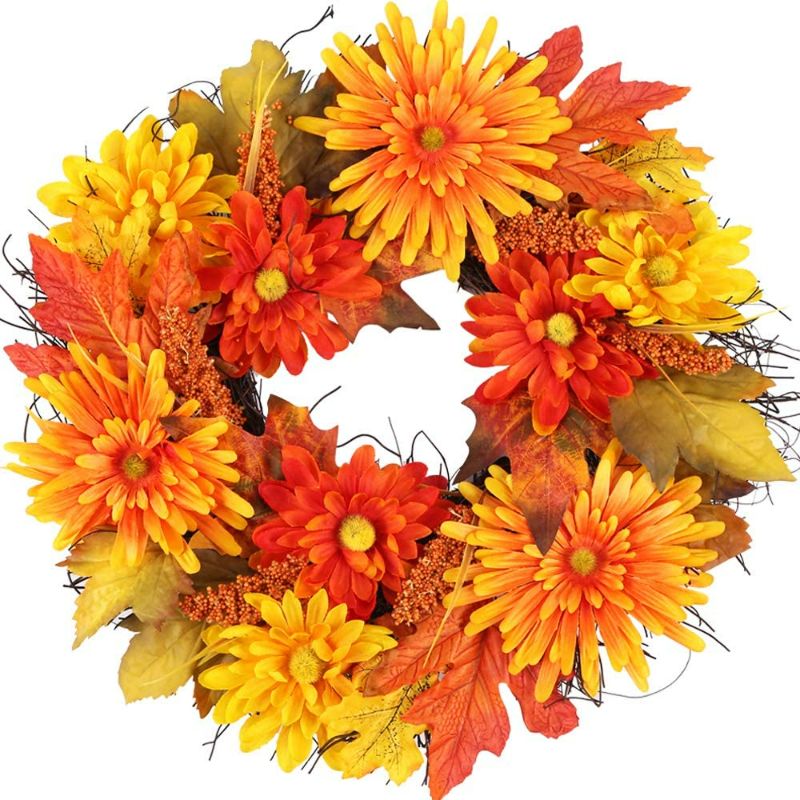 Photo 1 of H&W Fall Daisy Wreath, 19.6 inch Autumn Front Door Wreath, with Chrysanthemum and Sorghum, Halloween Easter Thanksgiving Wreath for Front Door, Ideal for Autumn & Halloween & Thanksgiving Day