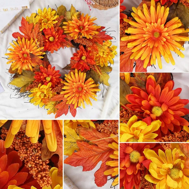 Photo 3 of H&W Fall Daisy Wreath, 19.6 inch Autumn Front Door Wreath, with Chrysanthemum and Sorghum, Halloween Easter Thanksgiving Wreath for Front Door, Ideal for Autumn & Halloween & Thanksgiving Day