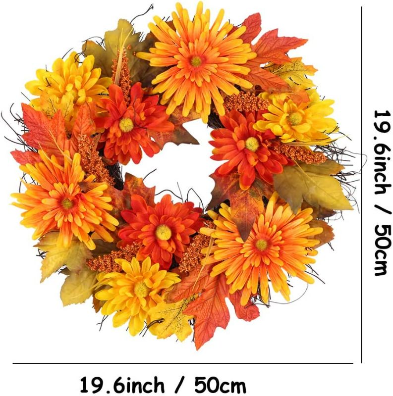 Photo 2 of H&W Fall Daisy Wreath, 19.6 inch Autumn Front Door Wreath, with Chrysanthemum and Sorghum, Halloween Easter Thanksgiving Wreath for Front Door, Ideal for Autumn & Halloween & Thanksgiving Day