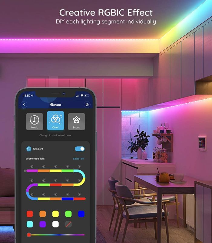Photo 3 of Govee 32.8ft RGBIC LED Strip Lights, WiFi Color Changing LED Lights Segmented Control, Work with Alexa and Google Assistant, Music LED Lights for Bedroom, Kitchen, Party, 2x16.4ft