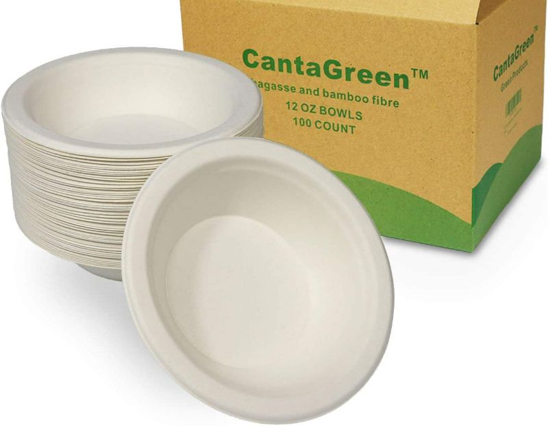 CantaGreen 12 OZ Compostable Bowls,100 Count Heavyduty Sugarcane/Bagasse and Bamboo Fibre Biodegradable Disposable Paper Bowls