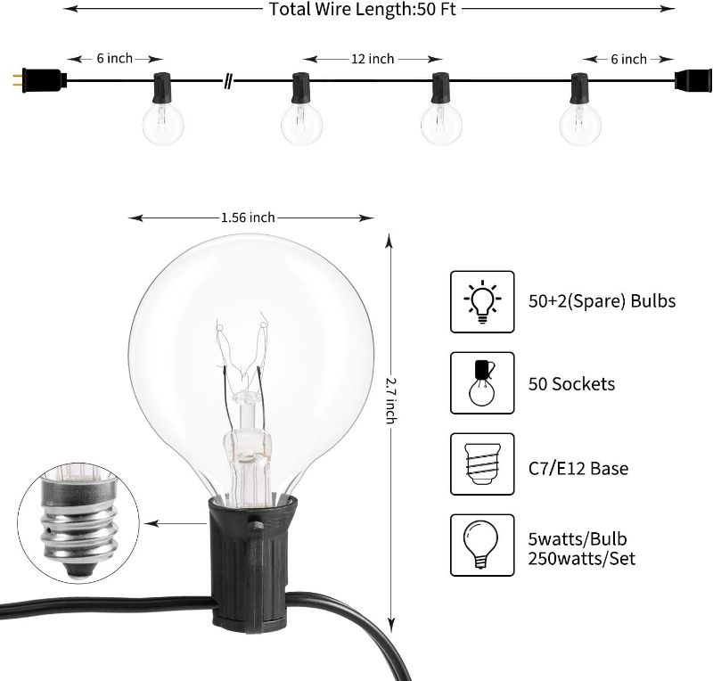 Photo 2 of Outdoor String Light 50Feet G40 Globe Patio Lights with 52 Edison Glass Bulbs(2 Spare), Waterproof Connectable Hanging Light for Backyard Porch Balcony Party Decor, E12 Socket Base, Black