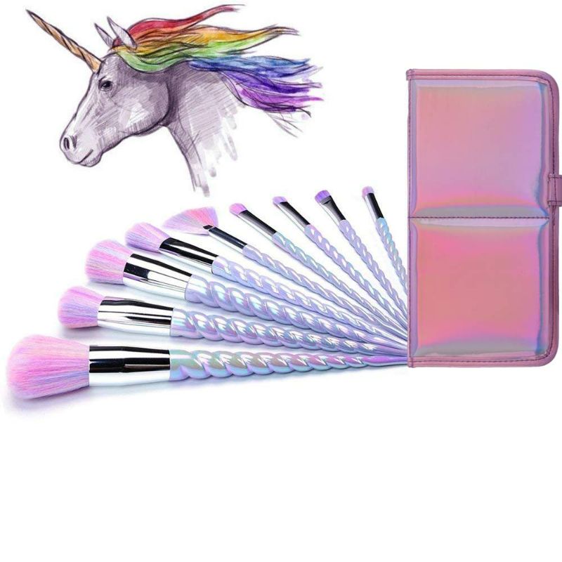 Photo 1 of AMMIY Makeup Brushes 10pcs Unicorn Makeup Brushes Set With Colorful Bristles Unicorn Horn Shaped Handles Fantasy Makeup Brush Foundation Eyeshadow Brush Kit With a Cute Iridescent Carrying Case