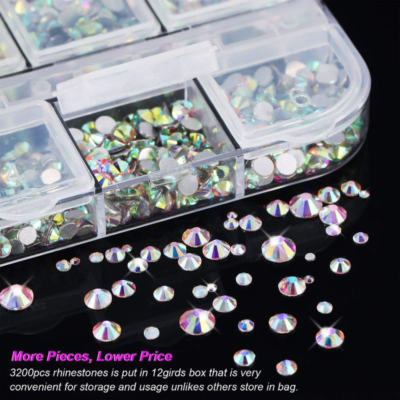 Photo 2 of FITDON 3200pcs Flat Back Round Crystal AB Rhinestones Iridescent Glass Charms Nail Stones Gems with Pick Up Tweezers Rhinestones Picking Pen Dual-use Brush Dotting Tools