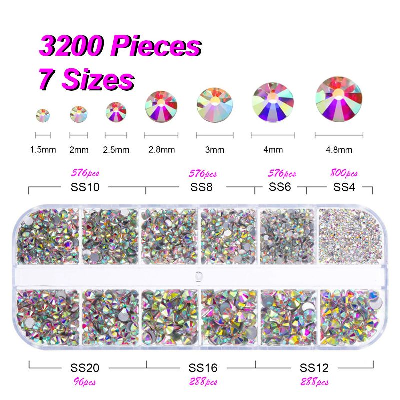 Photo 4 of FITDON 3200pcs Flat Back Round Crystal AB Rhinestones Iridescent Glass Charms Nail Stones Gems with Pick Up Tweezers Rhinestones Picking Pen Dual-use Brush Dotting Tools