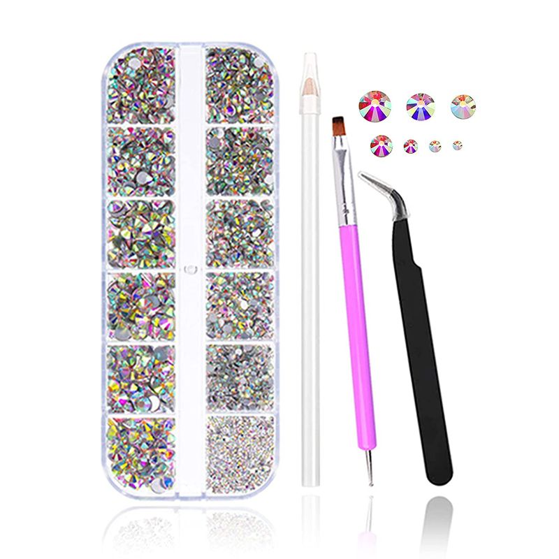 Photo 1 of FITDON 3200pcs Flat Back Round Crystal AB Rhinestones Iridescent Glass Charms Nail Stones Gems with Pick Up Tweezers Rhinestones Picking Pen Dual-use Brush Dotting Tools