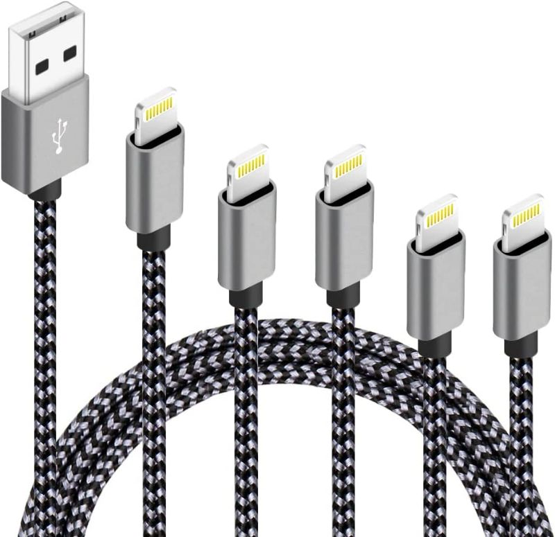 Photo 1 of iPhone Charger,5Packs(3ft 3ft 6ft 6ft 10ft) Charging Cable MFi Certified USB Lightning Cable Nylon Braided Fast Charging Cord Compatible for iPhone13/12/11/X/Max/8/7/6/6S/5/5S/SE/Plus/iPad(BlackGray)