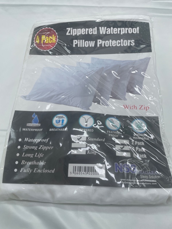 Photo 2 of 4 Pack Waterproof Pillow Protectors Standard 20x26 Inches Smooth Zipper Premium Encasement Covers Quiet Cases Set White 100% Liquid Protection