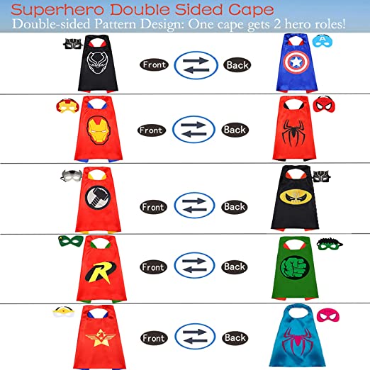 Photo 3 of Superhero Capes and Masks for Kids Halloween Cosplay Double Side Capes Superhero Toy Kids Best Gifts