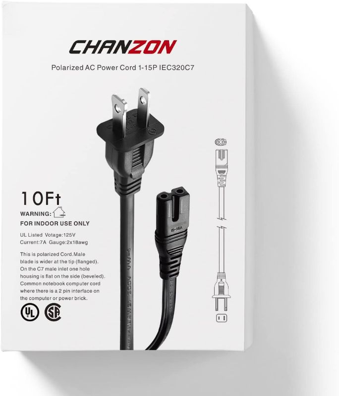 Photo 4 of Chanzon UL Listed 10ft Polarized AC Power Cord Compatible with Vizio D-E-M-Series HDTV,Smart LED LCD TV,Sharp,Sony PS1 (2 Prong NEMA-1-15P IEC320-C7 Plug) 7A 2Slot Universal Replacement Wall Cable