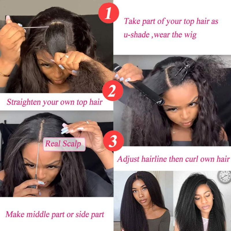 Photo 3 of 10A Kinky Straight U Part Wigs Human Hair for black Women, Brazilian Remy Hair Glueless Yaki Upart Wig No Glue No Sew in Beginner Friendly 150% Density Natural Color (20 Inch, Kinky Straight U Part)