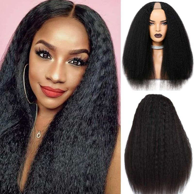 Photo 1 of 10A Kinky Straight U Part Wigs Human Hair for black Women, Brazilian Remy Hair Glueless Yaki Upart Wig No Glue No Sew in Beginner Friendly 150% Density Natural Color (20 Inch, Kinky Straight U Part) stock photos for reference only