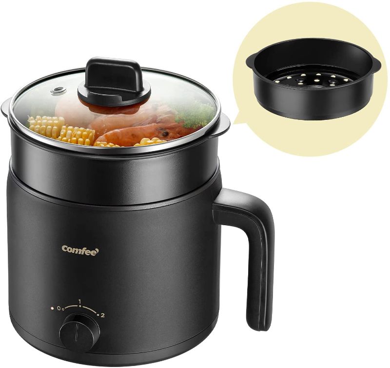 Photo 1 of COMFEE' Electric Kettle and Cooker, 1.2L Multi-Functional Non-Stick Rapid Mini Cooker for Boiling Water, Eggs, Ramen, Soup, Porridge, Pasta, Oatmeal with Power Adjustment and Steam Rack Accessory