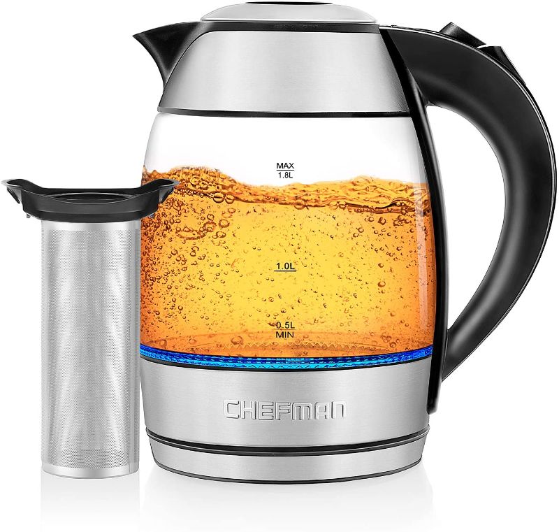 Photo 1 of Chefman Electric Glass Kettle LED Indicator Lights, 360 deg Swivel Base, BPA Free, Stainless Steel, 1.8 Liters