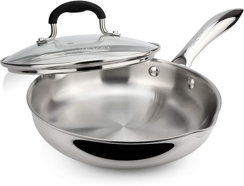 Photo 1 of AVACRAFT 18/10 Tri-Ply Stainless Steel Frying Pan with Lid, Side Spouts, Induction Pan, Versatile Stainless Steel Skillet, Fry Pan in our Pots and Pans, Cooking Pan (Tri-Ply Full Body, 8 Inch)