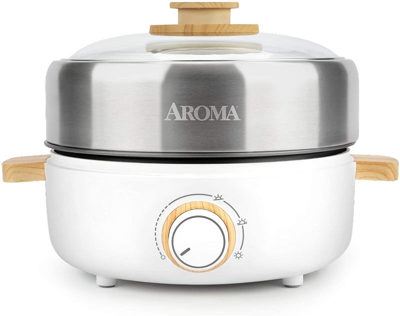 Photo 1 of Aroma Housewares AMC-130 Whatever Pot, Indoor Grill, Cooker, Hot Pot with Glass Lid, Bamboo Handles, 2.5L, Stainless Steel / White