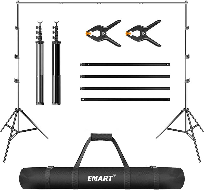 Photo 1 of Emart Photography Backdrop Stand, 8.5 x 10ft Adjustable Background Stand Support System Kit with 2 Spring Clamps, for Photo Video Studio, Parties, Weddings, Photo Booth