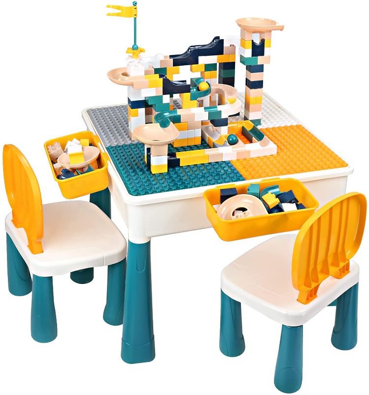 Photo 1 of GobiDex 7 in 1 Multi Kids Activity Table Set with 2 Chairs and 100 Pcs Large Size Blocks Compatible with Classic Blocks.Water Table,Sand Table and Building Blocks Table for Toddlers Activity