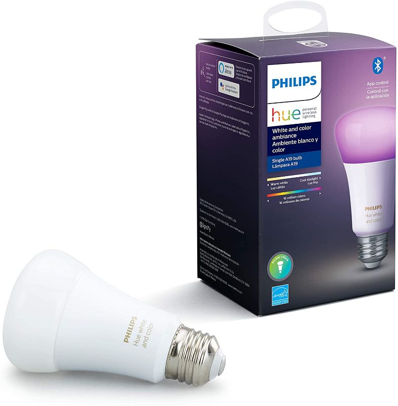 Photo 1 of Philips Hue White and Color Ambiance A19 LED Smart Bulb, Bluetooth & Zigbee compatible (Hue Hub Optional), Works with Alexa & Google Assistant – A Certified for Humans Device