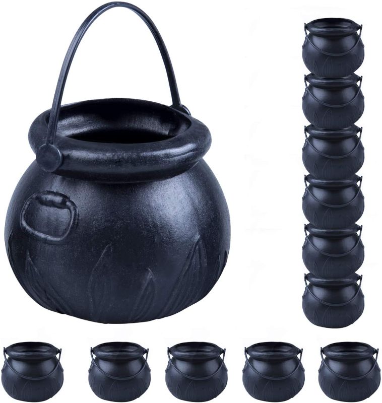 Photo 1 of YUNGCHI Black Mini Cauldron,Plastic Witch Cauldron, Witches Cauldron Candy Holder Pot with Handle for Halloween Party Decorations Supplies,Set of 12
