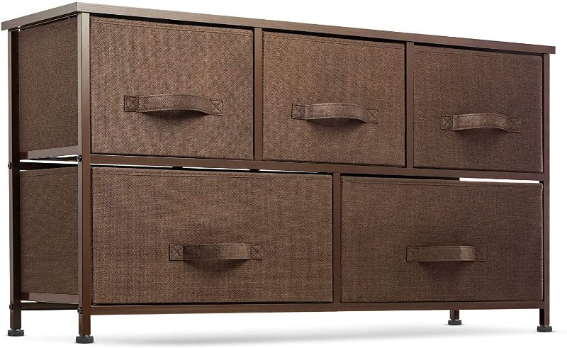 Photo 1 of 5 Drawer Dresser Organizer Fabric Storage Chest for Bedroom, Hallway, Entryway, Closets, Nurseries. Furniture Storage Tower Sturdy Steel Frame, Wood Top, Easy Pull Handle Textured Print Drawers
