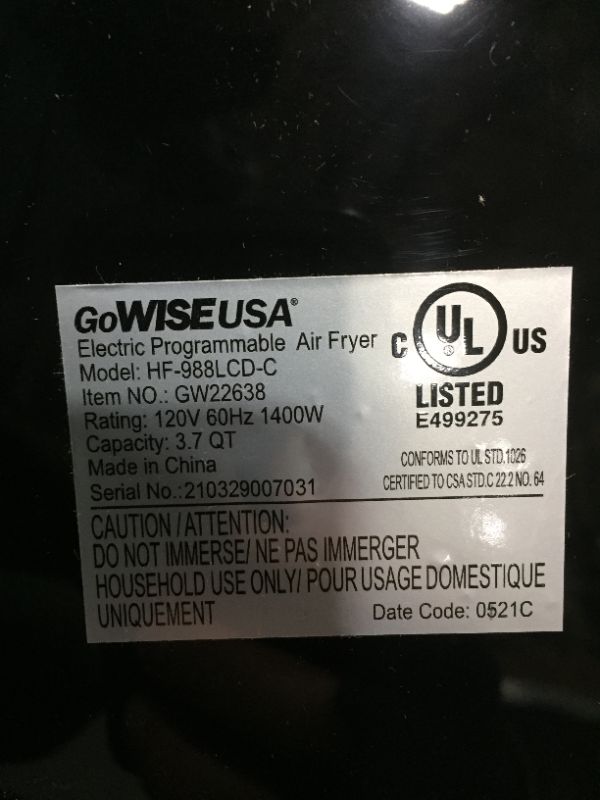 Photo 1 of GoWISE USA 3.7-Quart Programmable Air Fryer with 8 Cook Presets, GW22638 - Black
