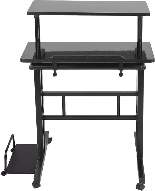Photo 1 of Mind Reader Mobile Sitting Standing Desk Rolling Reversible Home Office Laptop Workstation with Side Storage, Locking Wheels, Large, Black

