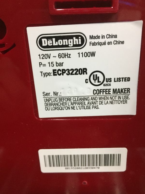 Photo 5 of De'Longhi ECP3220R 15 Bar Espresso Machine with Advanced Cappuccino System, 11.4 x 9.5 x 14.2 inches, Red
