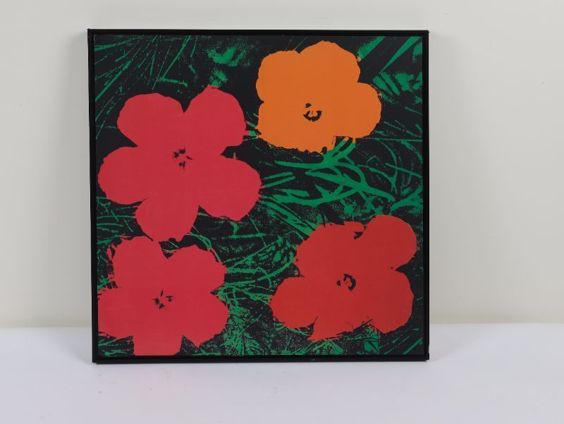 Photo 1 of Andy Warhol Design 4 Flowers 26H X 26W Inches Framed in Black, flowers slightly discolored due to sun