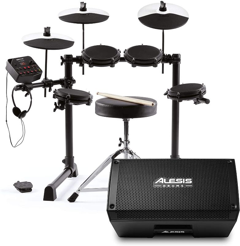 Photo 1 of Alesis Drums Debut Kit & Strike Amp 8 Bundle - Kids Drum Set With 4 Mesh Electric Drum Set Pads, 120 Sounds and 2000W Drum Amplifier NO SURROUND SOUND SPEAKER
