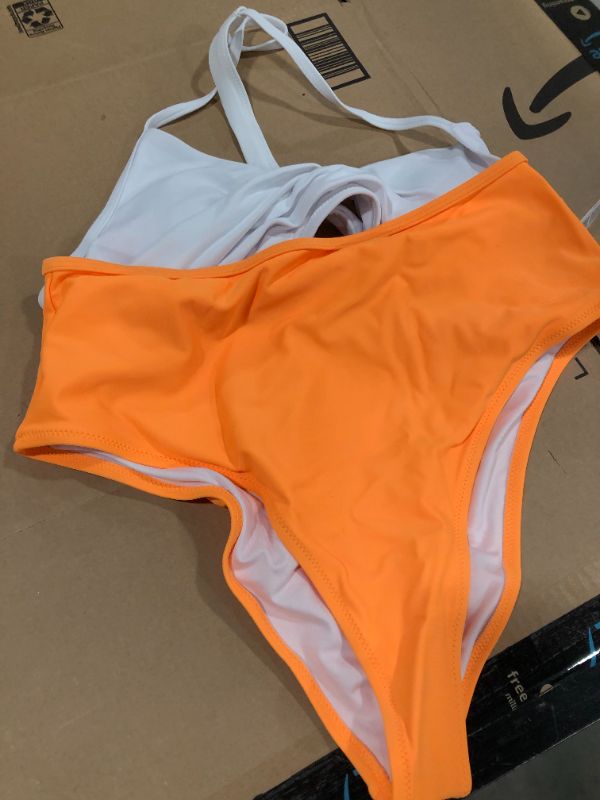 Photo 1 of Women's (L) Solid White Bikini With Orange High Waisted Bottom
