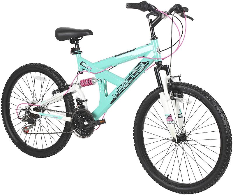 Photo 1 of Dynacraft Vertical Dual Suspension Mountain Bike Girls 24 Inch Wheels with 18 Speed Grip Shiter and Dual Hand Brakes in Teal and Pink
