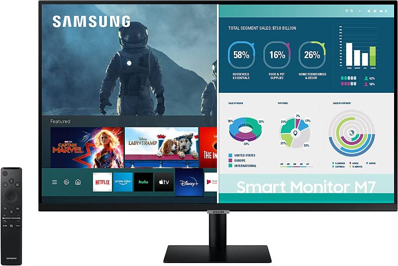 Photo 1 of SAMSUNG 32” M7 Smart Monitor & Streaming TV, 4K UHD, Adaptive Picture, Ultrawide Gaming View, Watch Netflix, HBO, Prime Video, Apple Airplay, Alexa,Built In Speakers, Remote,USB-C,Black