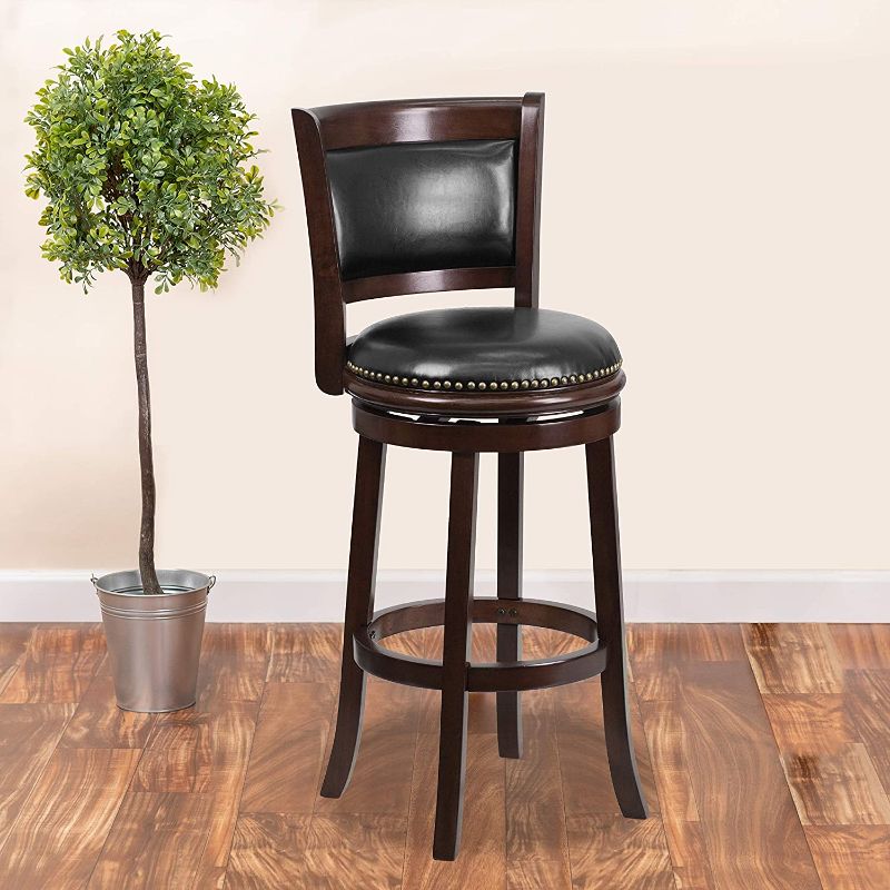 Photo 1 of Flash Furniture 29'' High Cappuccino Wood Barstool with Panel Back and Black LeatherSoft Swivel Seat