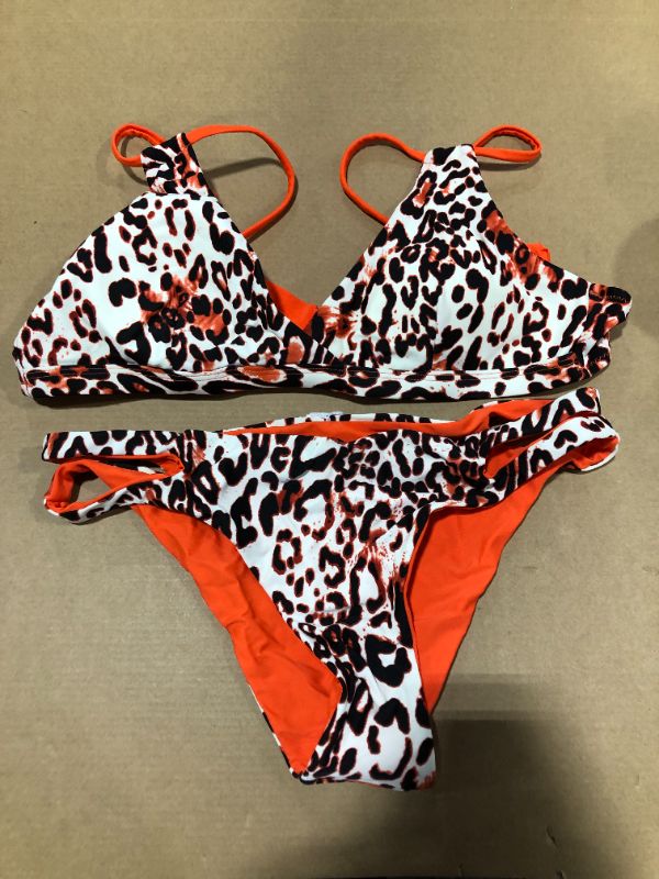 Photo 2 of CUPSHE Women's Orange Trim Leopard Print V Neck Strappy Reversible Bottom Bikini Sets - medium