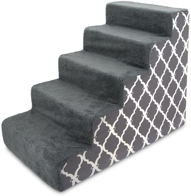 Photo 1 of Best Pet Supplies Pet Steps and Stairs with CertiPUR-US Certified Foam for Dogs and Cats - Gray Lattice Print, 5-Step